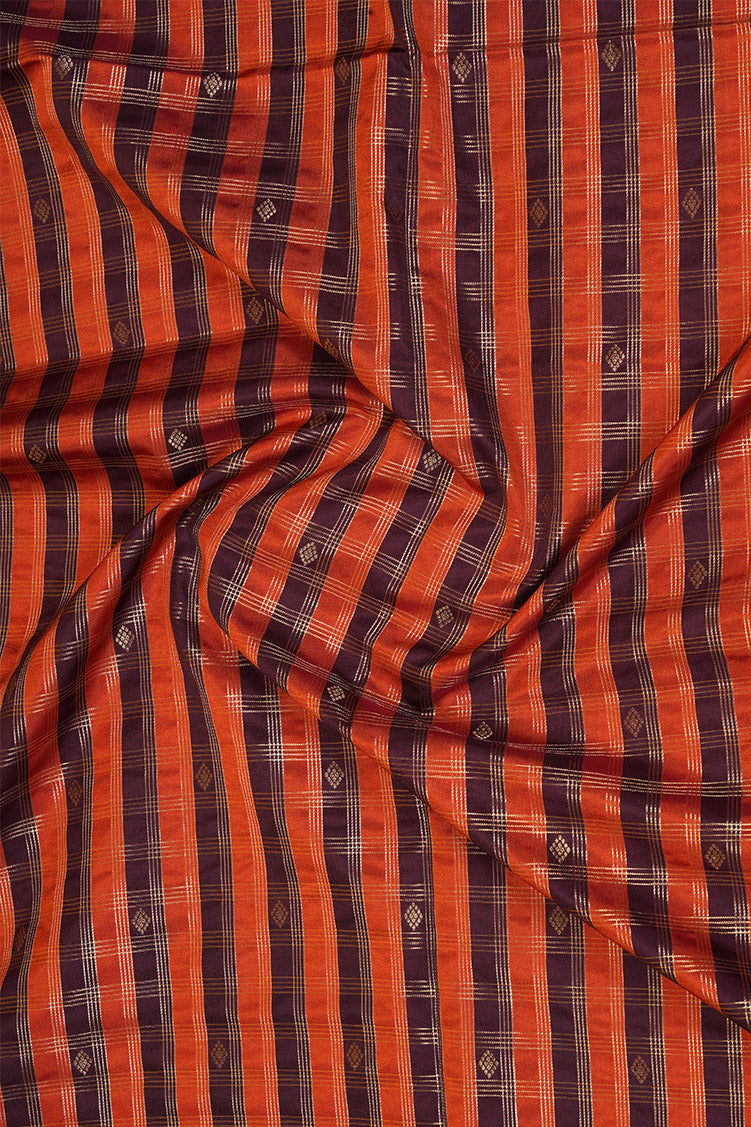 Orange and Coffee Brown Checked Kanchipuram Semi Soft Silk Saree