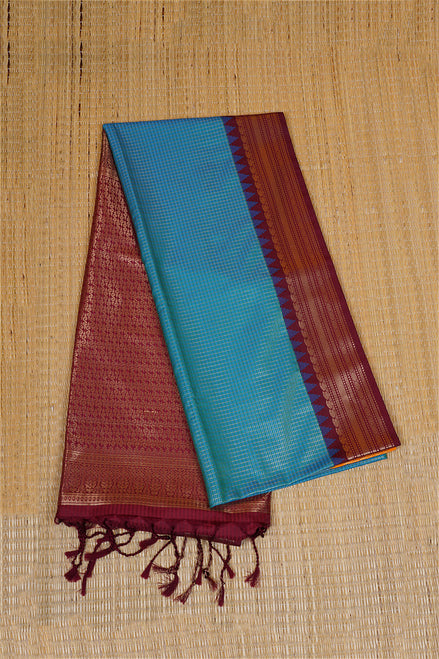 Peacock Blue Kanchipuram Semi Soft Silk Saree with Ganga Jamuna Borders