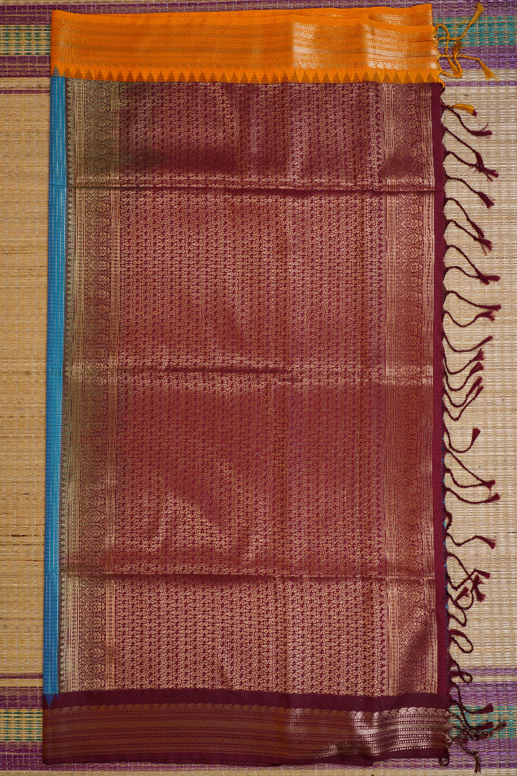Peacock Blue Kanchipuram Semi Soft Silk Saree with Ganga Jamuna Borders
