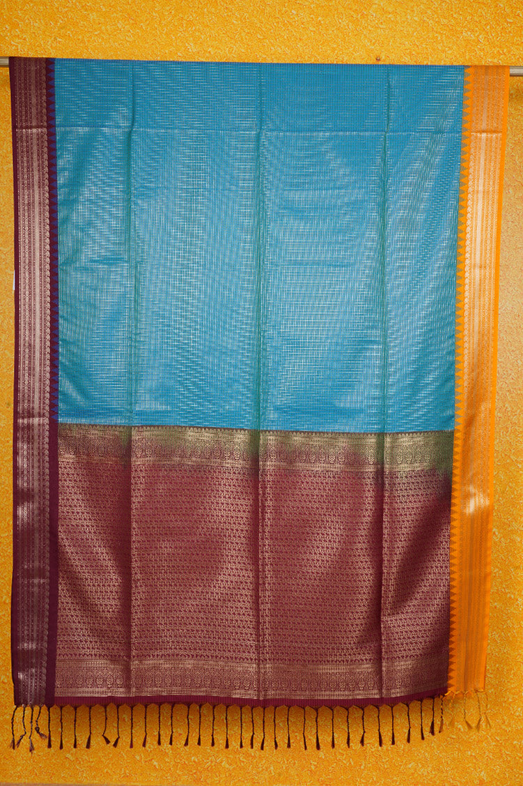 Peacock Blue Kanchipuram Semi Soft Silk Saree with Ganga Jamuna Borders