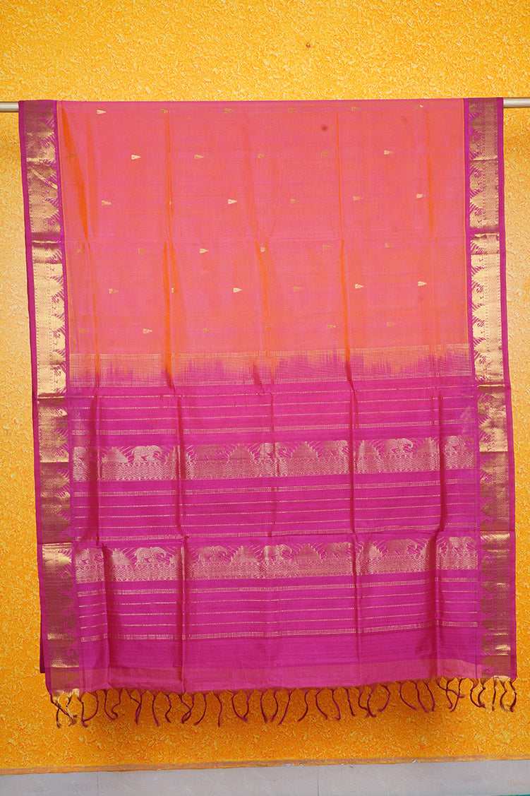 Pink with Yellow Shot Silkcotton Saree with Dark Pink Borders