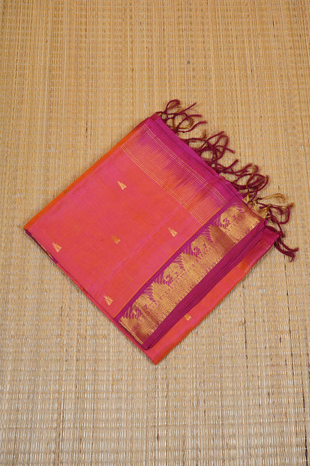 Pink with Yellow Shot Silkcotton Saree with Dark Pink Borders
