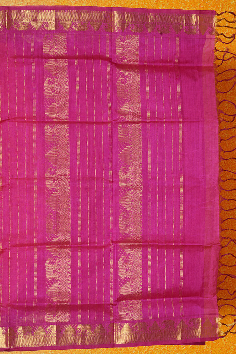 Pink with Yellow Shot Silkcotton Saree with Dark Pink Borders