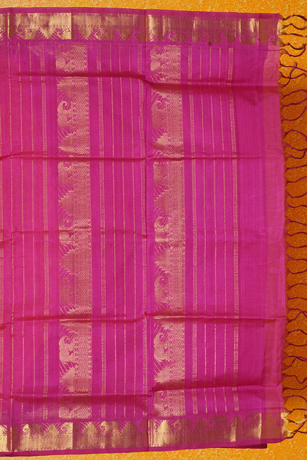 Pink with Yellow Shot Silkcotton Saree with Dark Pink Borders