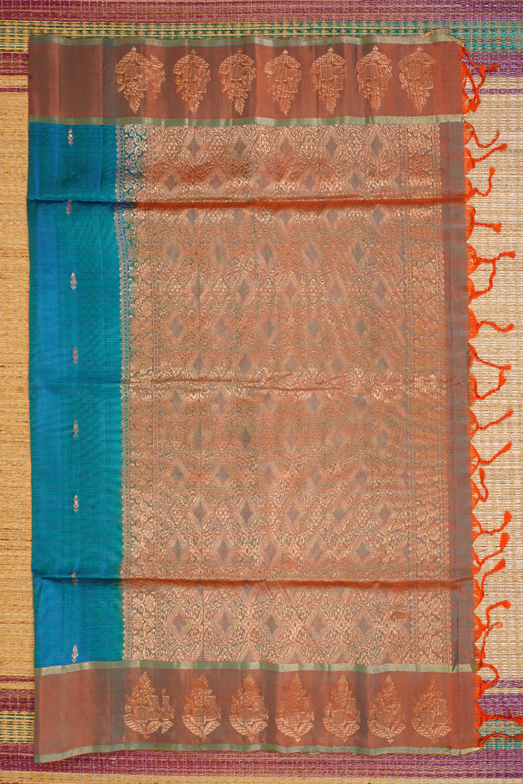 Rama Blue Pure Soft Silk Saree with Orange Borders