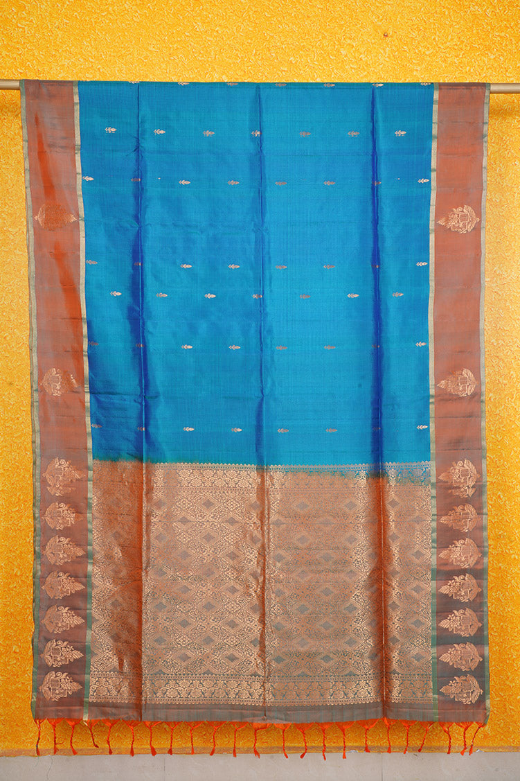 Rama Blue Pure Soft Silk Saree with Orange Borders
