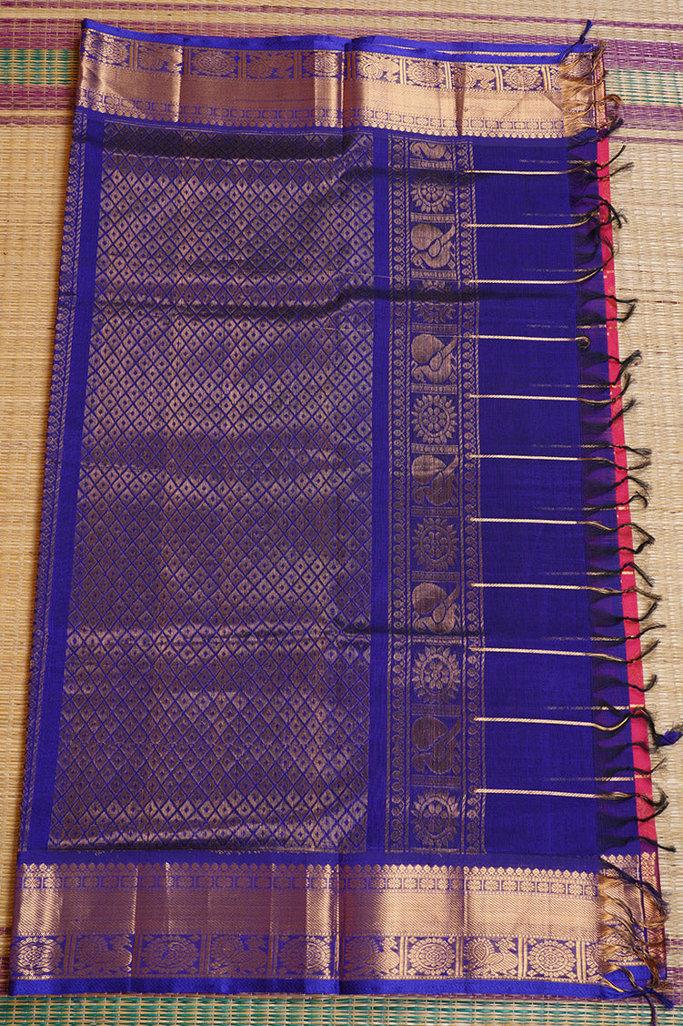 Rani Pink Silkcotton Saree with Blue Borders