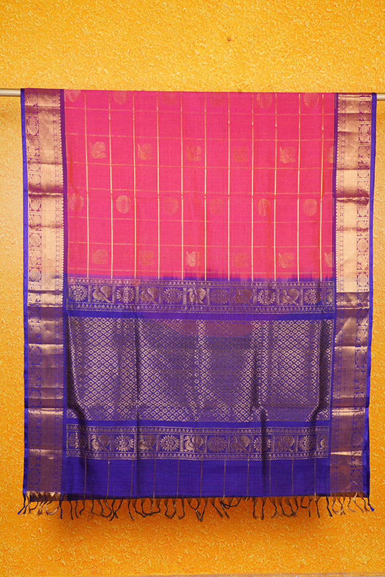 Rani Pink Silkcotton Saree with Blue Borders