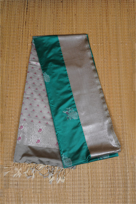 Teal Green Kanchipuram Semi Soft Silk Saree with Grey Borders