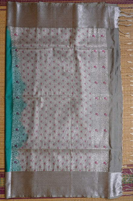 Teal Green Kanchipuram Semi Soft Silk Saree with Grey Borders
