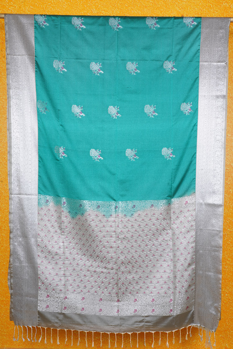 Teal Green Kanchipuram Semi Soft Silk Saree with Grey Borders