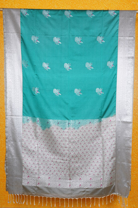 Teal Green Kanchipuram Semi Soft Silk Saree with Grey Borders