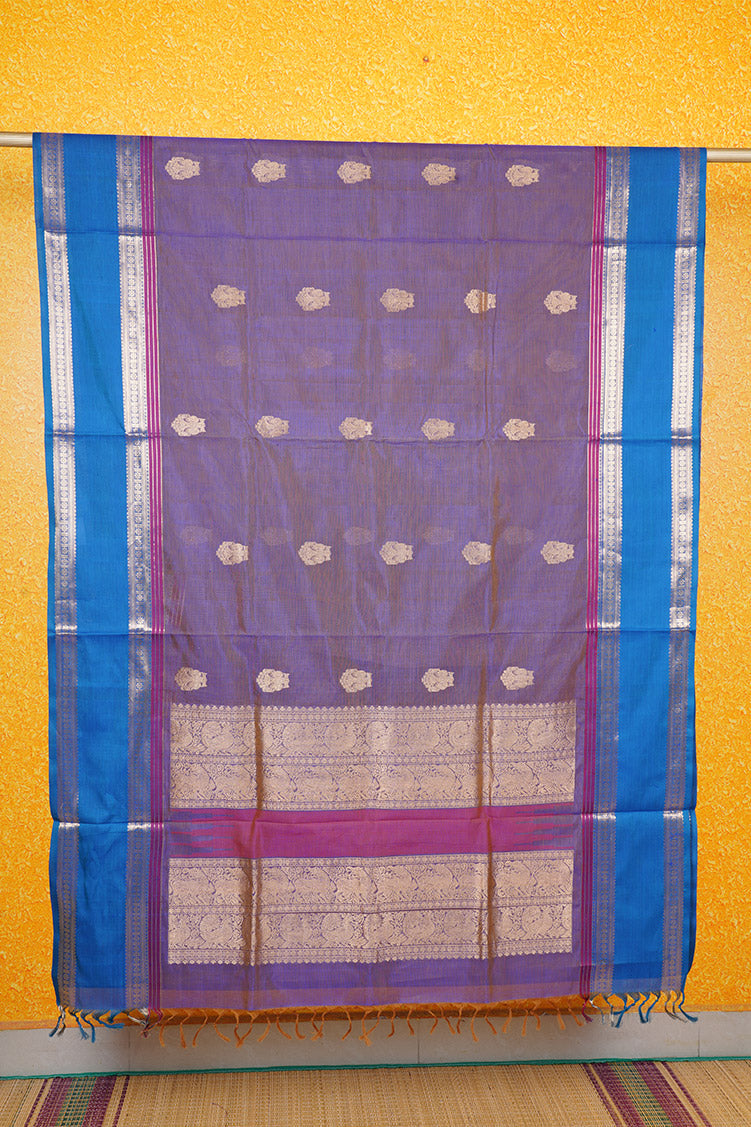 Violet Vintage Silkcotton Saree with Blue Borders