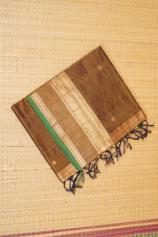 Warm Gold (Champagne) Colored Vintage SilkCotton Saree with Green Selvedge