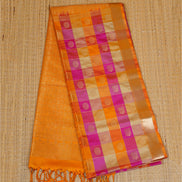 Yellow and Pink Checked Kanchipuram Semi Soft Silk Saree