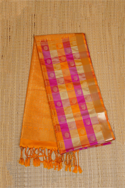 Yellow and Pink Checked Kanchipuram Semi Soft Silk Saree