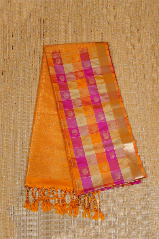 Yellow and Pink Checked Kanchipuram Semi Soft Silk Saree