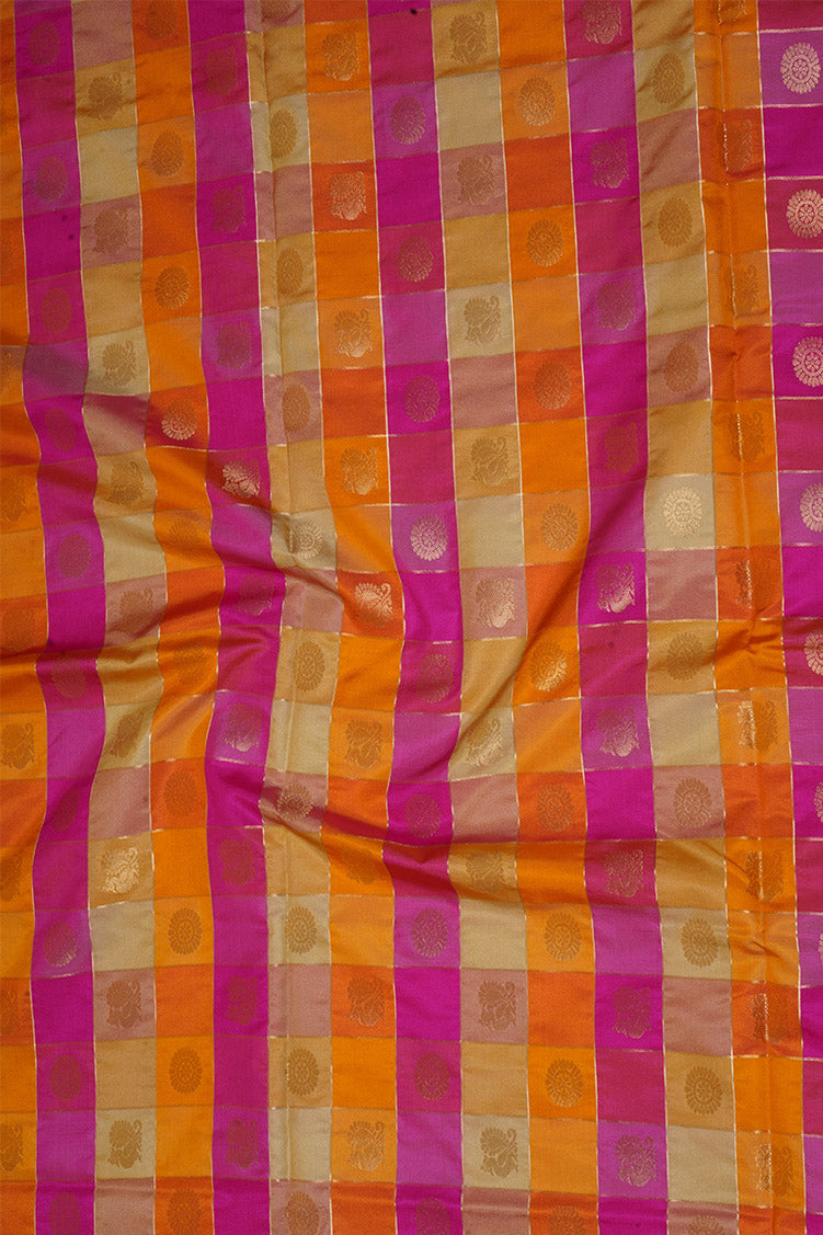 Yellow and Pink Checked Kanchipuram Semi Soft Silk Saree