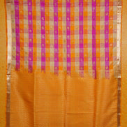 Yellow and Pink Checked Kanchipuram Semi Soft Silk Saree