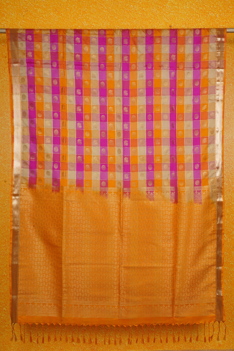 Yellow and Pink Checked Kanchipuram Semi Soft Silk Saree