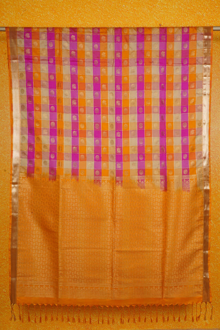 Yellow and Pink Checked Kanchipuram Semi Soft Silk Saree