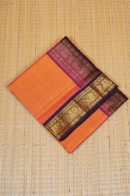 Yellow with Pink Shot Silkcotton Saree with Deep Purple Borders