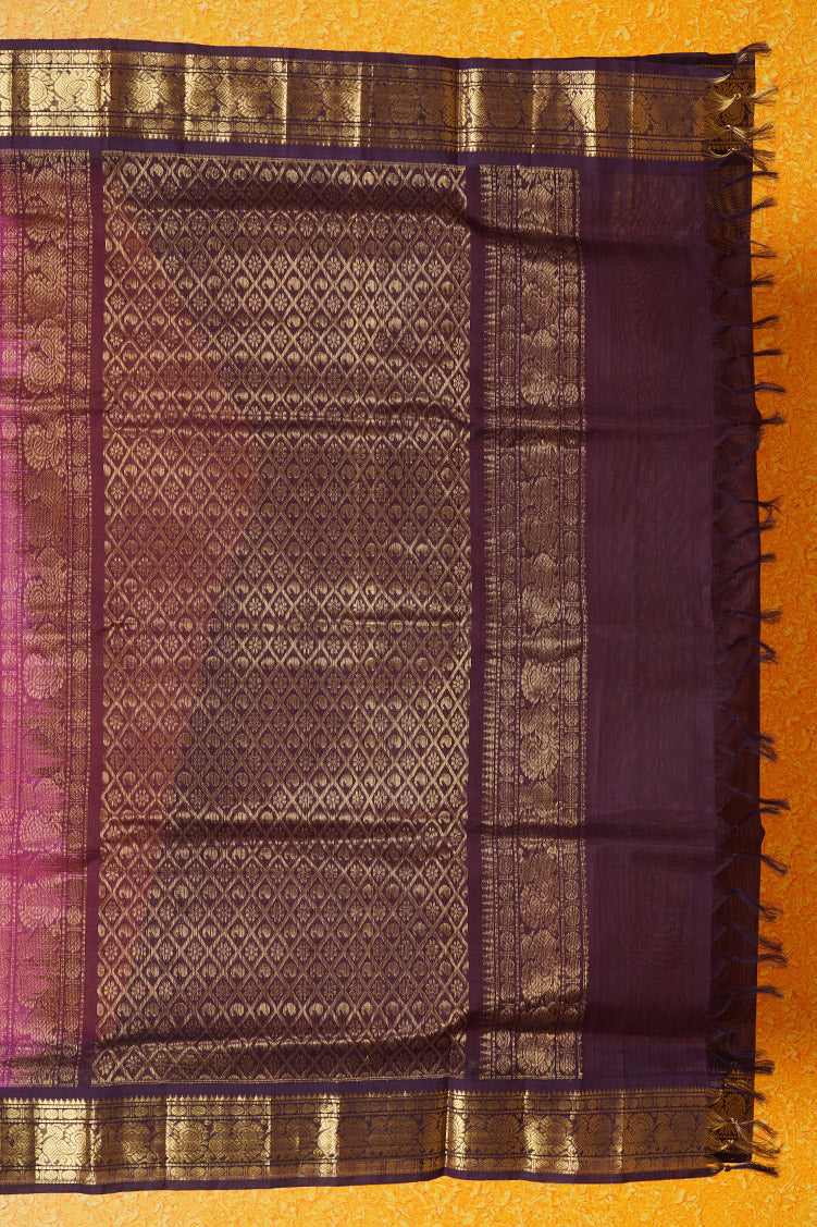 Yellow with Pink Shot Silkcotton Saree with Deep Purple Borders