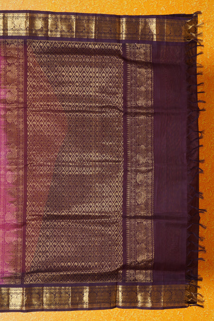 Yellow with Pink Shot Silkcotton Saree with Deep Purple Borders