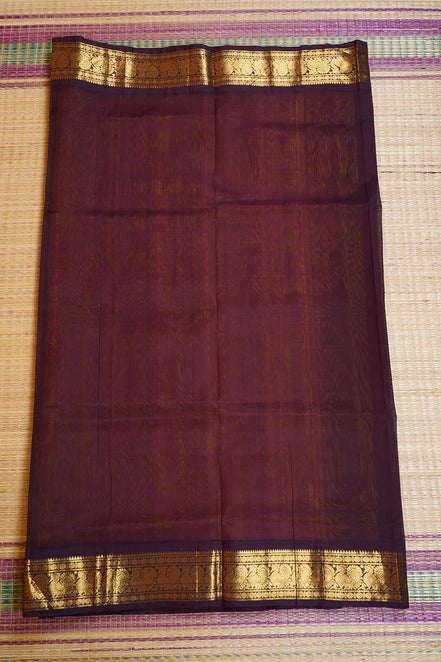 Yellow with Pink Shot Silkcotton Saree with Deep Purple Borders